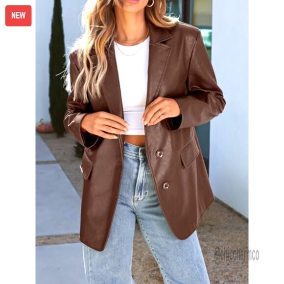 Oversized Faux Leather Motorcycle Jacket Y2K Punk Biker Bomber Coat Fall Winter - Picture 5 of 6